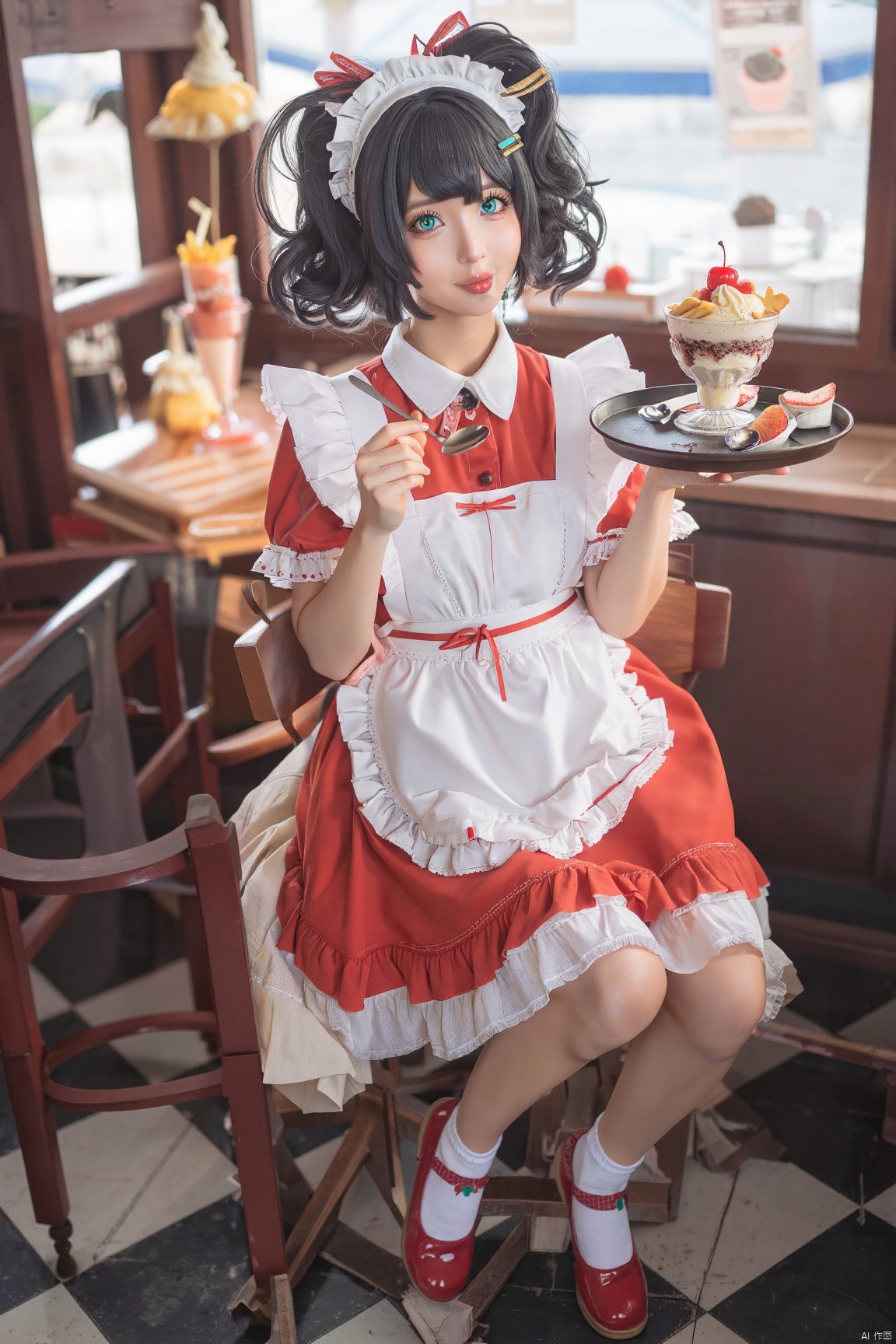 1girl,solo,maid headdress,twintails,black hair,long hair,curly hair,hair ornament,red shirt,white apron,food,ice cream,cup,parfait,fruit,cherry,sitting,short sleeves,mary janes,bangs,smile,hairclip,checkered floor,looking at viewer,maid,maid apron,white socks,frilled apron,aqua eyes,full body,ahoge,holding spoon,holding tray,frilled dress,collared dress,licking lips,waist apron,,