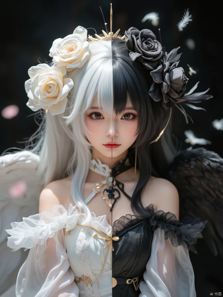 huihui,(The girl looks in the mirror. Outside the mirror, the girl has white wings, white hair, white clothes, light halo, and a white color tone. Inside the mirror, the girl has black wings, black hair, black clothes, light halo, and a black color tone of 1.5.) (Symmetry:1.3),split (black and white split:1.3),black and white **********,European style gorgeous and complex mirror,(6 years old.) Q-version,doll face,3 head body,ancient spirit and quirky,red lips:1.3),exquisite makeup,(selected perspective:1.5),(scattered feathers:1.3),(scattered small light particles:1.2),overexposed,off shoulder,floral hair,dress,fluffy long sleeves,fluffy sleeves,rose petals,mandala,chaotic,radial,streamlined,typographic art,multicolored pupil space,high exposure,exquisite headwear,dressed in formal attire,looking at the audience,feathers,gorgeous,looking at the audience,flowing hair,random beams,spots,strong light,exposed Back beam,dreamy light and shadow,backlight,ultra-high saturation,masterpiece,best quality,detailed details,high contrast,ultra-high definition,8K,wallpaper,