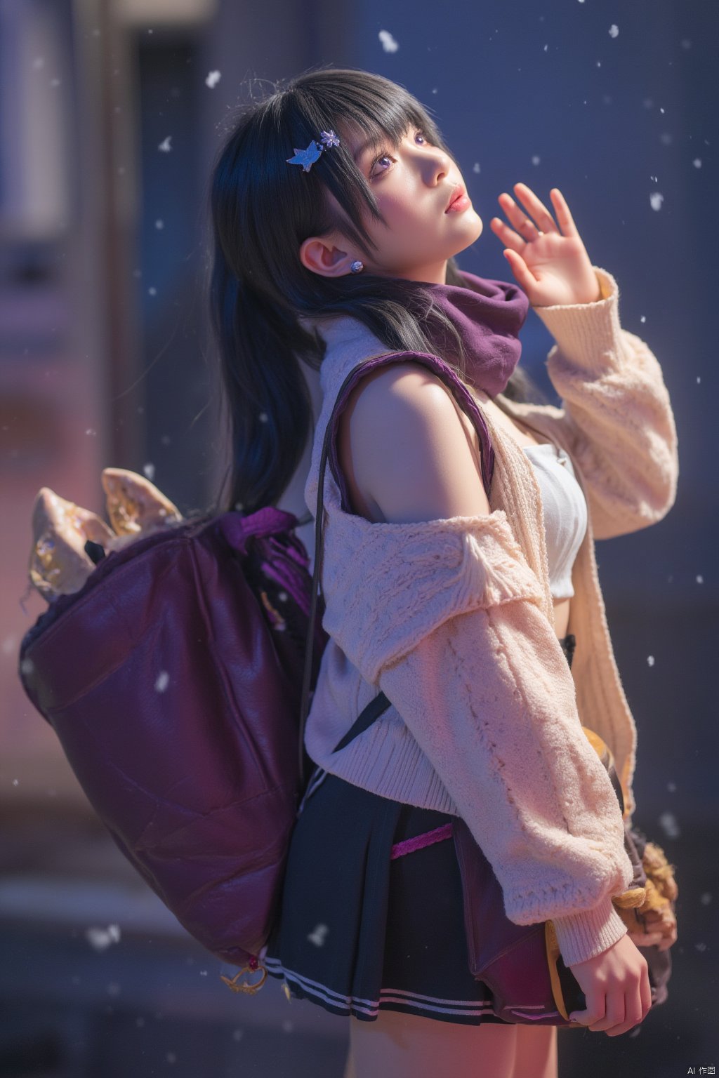 (masterpiece), (best quality), illustration, ultra detailed, hdr, Depth of field, (colorful),loli,[Artist:wlop],[[Artist:sheya]],Artist:hiten_(hitenkei),Artist:tokkyu, 1girl, scarf, solo, black hair, long hair, bag, looking up, hair ornament, snowflakes, long sleeves, snowing, hairclip, purple scarf, open clothes, parted lips, skirt, cardigan, outdoors, blurry, night, blush, upper body, sweater, purple eyes, breath, shoulder bag, pink eyes, shirt, earrings, blurry background, white shirt, hair between eyes