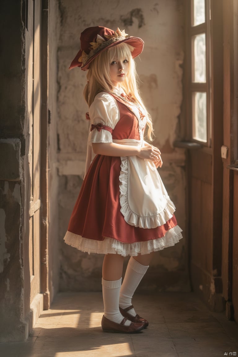 chunmomo,(extremely detailed CG unity 8k wallpaper),(((masterpiece))), (((best quality))), ((ultra-detailed)), (best illustration),(best shadow), ((an extremely delicate and beautiful)),1girl, (kirisame marisa), solo, blonde hair, hat, witch hat, yellow eyes, braid, smile, apron, bow, mary janes, long hair, waist apron, shoes, hat bow, short sleeves, socks, full body, hair bow, looking at viewer, puffy sleeves, skirt , -