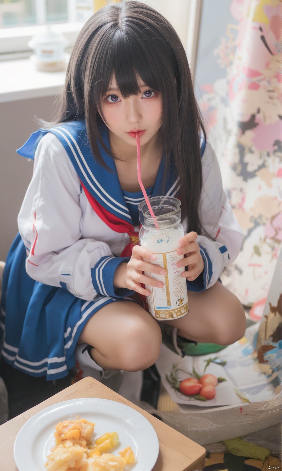 Riness,masterpiece,best quality,high quality,(colorful),artist Alens,loli,nai3 Style,[Artist:wlop],Artist akmkmk3,1girl,solo,purple eyes,school uniform,long hair,looking at viewer,sailor collar,black hair,serafuku,blush,milk carton,long sleeves,blue skirt,skirt,squatting,blue sailor collar,hair between eyes,neckerchief,red neckerchief,holding,drinking straw,collarbone,drinking,cardigan,twitter username,sitting,