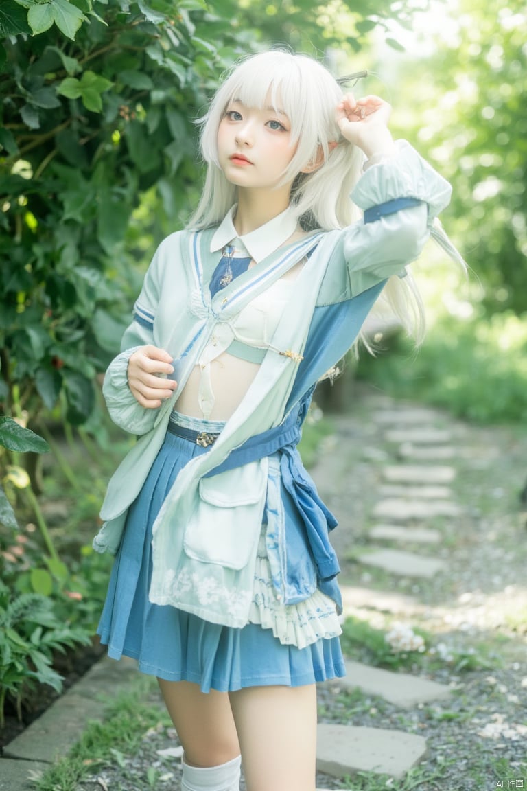 line art,line style,stone path,tree,leaves,garden,
1girl,solo,
blue eyes,white hair,long hair,hair between eyes,small breasts,
school uniform,collared blouse,blue cardigan,open jacket,pleated skirt,white pantyhose,
cowboy shot,standing,light blush,looking at viewer,half-closed eyes,expressionless,dutch angle,jitome,:<,playing hair,
close-up,from side,
masterpiece,bestquality,anime