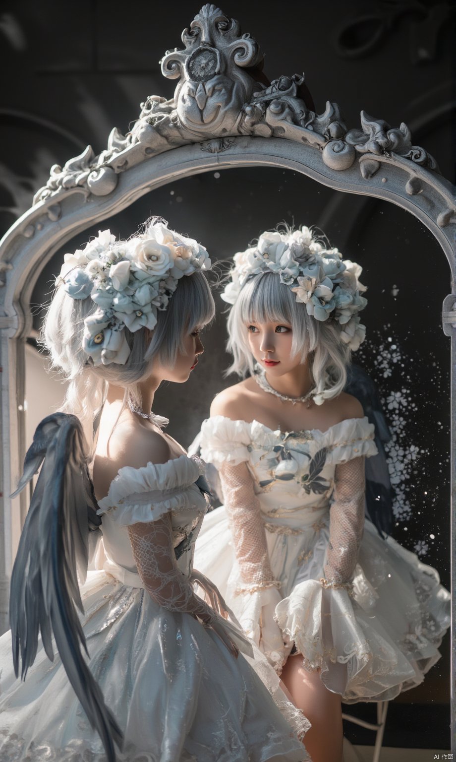  huihui,(The girl looks in the mirror. Outside the mirror, the girl has white wings, white hair, white clothes, light halo, and a white color tone. Inside the mirror, the girl has black wings, black hair, black clothes, light halo, and a black color tone of 1.5.) (Symmetry:1.3),split (black and white split:1.3),black and white **********,European style gorgeous and complex mirror,(6 years old.) Q-version,doll face,3 head body,ancient spirit and quirky,red lips:1.3),exquisite makeup,(selected perspective:1.5),(scattered feathers:1.3),(scattered small light particles:1.2),overexposed,off shoulder,floral hair,dress,fluffy long sleeves,fluffy sleeves,rose petals,mandala,chaotic,radial,streamlined,typographic art,multicolored pupil space,high exposure,exquisite headwear,dressed in formal attire,looking at the audience,feathers,gorgeous,looking at the audience,flowing hair,random beams,spots,strong light,exposed Back beam,dreamy light and shadow,backlight,ultra-high saturation,masterpiece,best quality,detailed details,high contrast,ultra-high definition,8K,wallpaper,