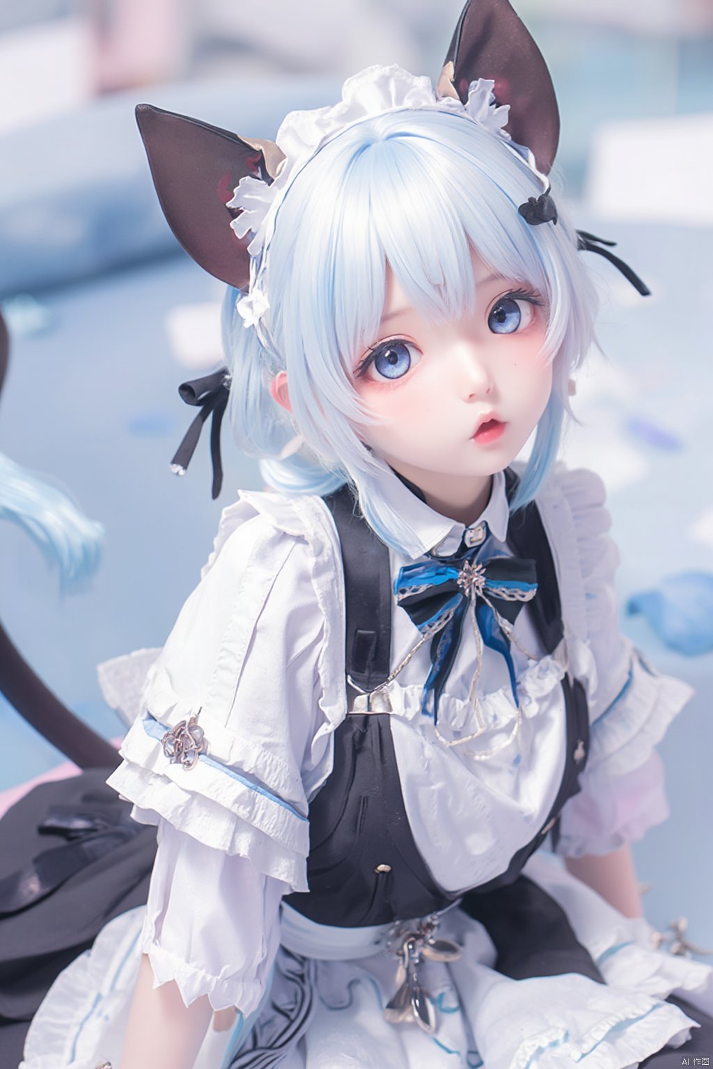 Animal ears,cat ears,male focus,apron,tail,cat tail,otoko no ko,open mouth,blue hair,solo,white hair,maid headdress,blue eyes,looking at viewer,wariza,hair ornament,cat boy,sitting,pale skin,bow,apron,far wide_shot hair eyes,far hair eyes,