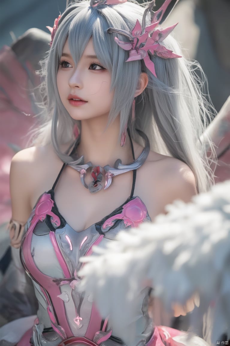 The whole body of an angel girl silver long hair is painted,wearing pink and white metal armor,falling feathers,bare shoulders,blush,dynamic blurring,fighting posture,high-spirited laughter,(silver long hair),(silver pupil),small tiger teeth,fleshy face,gem-**** eyes,false,glossky air,quality in hd,masterpiece,best quality,