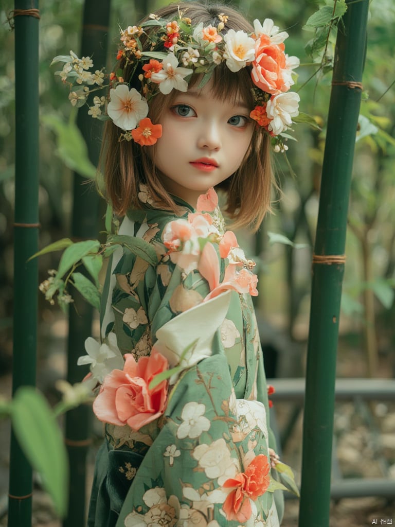  A young Asian woman wearing a flower wreath,1girl, with a green kimono adorned with flowers,She is adorned with a bold red lip adding a pop of color to her outfit. Her eyes are a piercing blue her eyebrows are a darker shade of brown and her lips are a lighter shade of red. The background is a bamboo forest, A large number of bamboo leaves are falling in the air.