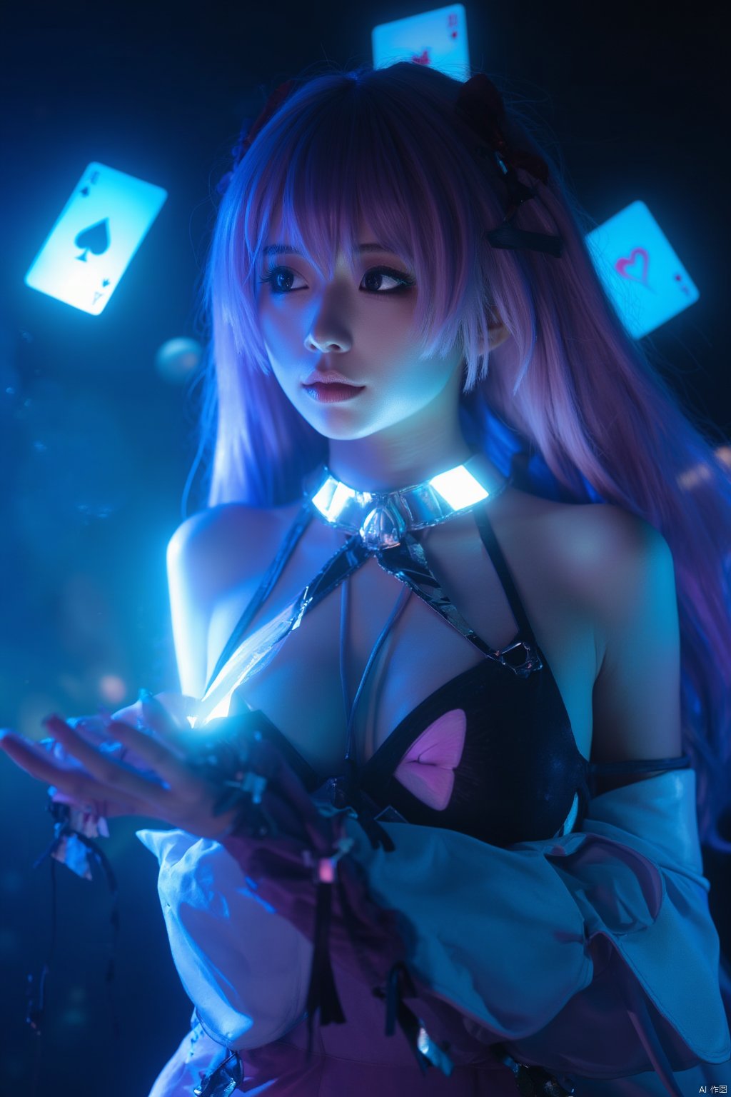 WM,Anime Magic,an anime girl holding glowing blue poker cards in her hands,poker cards flying in the sky,glowing magic effects,dynamic poses,highly detailed,ultra-high resolutions,32K UHD,best quality,masterpiece,1girl