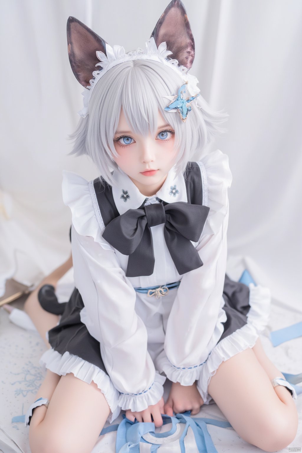 Animal ears,cat ears,male focus,apron,tail,cat tail,otoko no ko,open mouth,blue hair,solo,white hair,maid headdress,blue eyes,looking at viewer,wariza,hair ornament,cat boy,sitting,pale skin,bow,apron,far wide_shot hair eyes,far hair eyes,