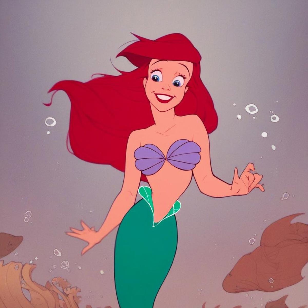 score_9, score_8_up, score_7_up, score_6_up, score_5_up, score_4_up, 1girl, Ariel, Mermaid,  underwater, shell bikini, smiling, 