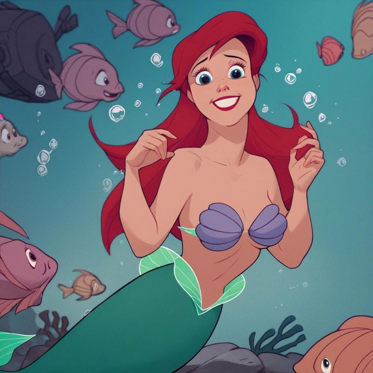 score_9, score_8_up, score_7_up, score_6_up, score_5_up, score_4_up, 1girl, Ariel, Mermaid,  underwater, shell bikini, smiling, 