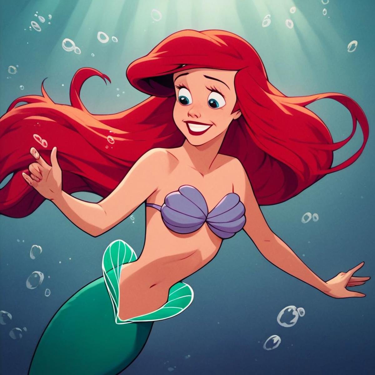 score_9, score_8_up, score_7_up, score_6_up, score_5_up, score_4_up, 1girl, Ariel, Mermaid,  underwater, shell bikini, smiling, 