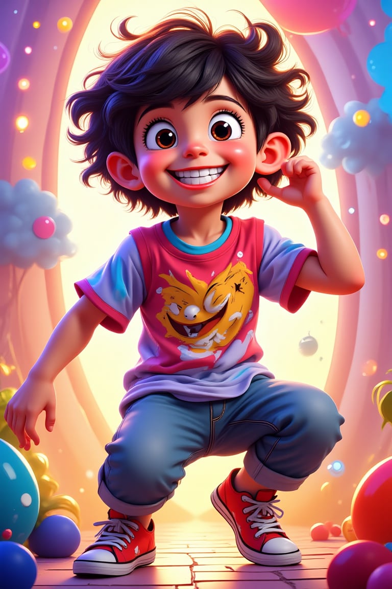 A dynamic anime-style artwork of a young boy, around 5 years old, with a radiant, heartwarming smile. His eyes are sparkling with joy, and his hair is styled in a trendy, anime-inspired cut. He's wearing a vibrant, graphic tee that complements the lively scene. The lighting is bright and cheerful, with a focus on his expressive face. The composition is engaging, with the boy posed in a playful stance, set against a fantastical, anime-esque backdrop filled with vivid colors and whimsical elements.