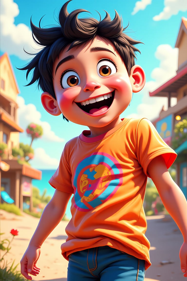 A vibrant anime-style illustration of a young boy, approximately 5 years old, with a beaming, exaggerated smile. His eyes are wide with joy, and his short, spiky hair stands out against the bright, colorful background. He's dressed in a playful, patterned shirt that adds to the lively atmosphere. The lighting is dynamic, with bold highlights and shadows that enhance the anime aesthetic. The composition is dynamic, capturing the boy in mid-laugh, with a sense of movement and energy, set in a whimsical, animated landscape.