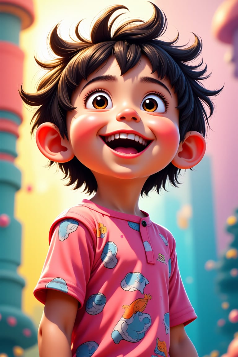 A vibrant anime-style illustration of a young boy, approximately 5 years old, with a beaming, exaggerated smile. His eyes are wide with joy, and his short, spiky hair stands out against the bright, colorful background. He's dressed in a playful, patterned shirt that adds to the lively atmosphere. The lighting is dynamic, with bold highlights and shadows that enhance the anime aesthetic. The composition is dynamic, capturing the boy in mid-laugh, with a sense of movement and energy, set in a whimsical, animated landscape.