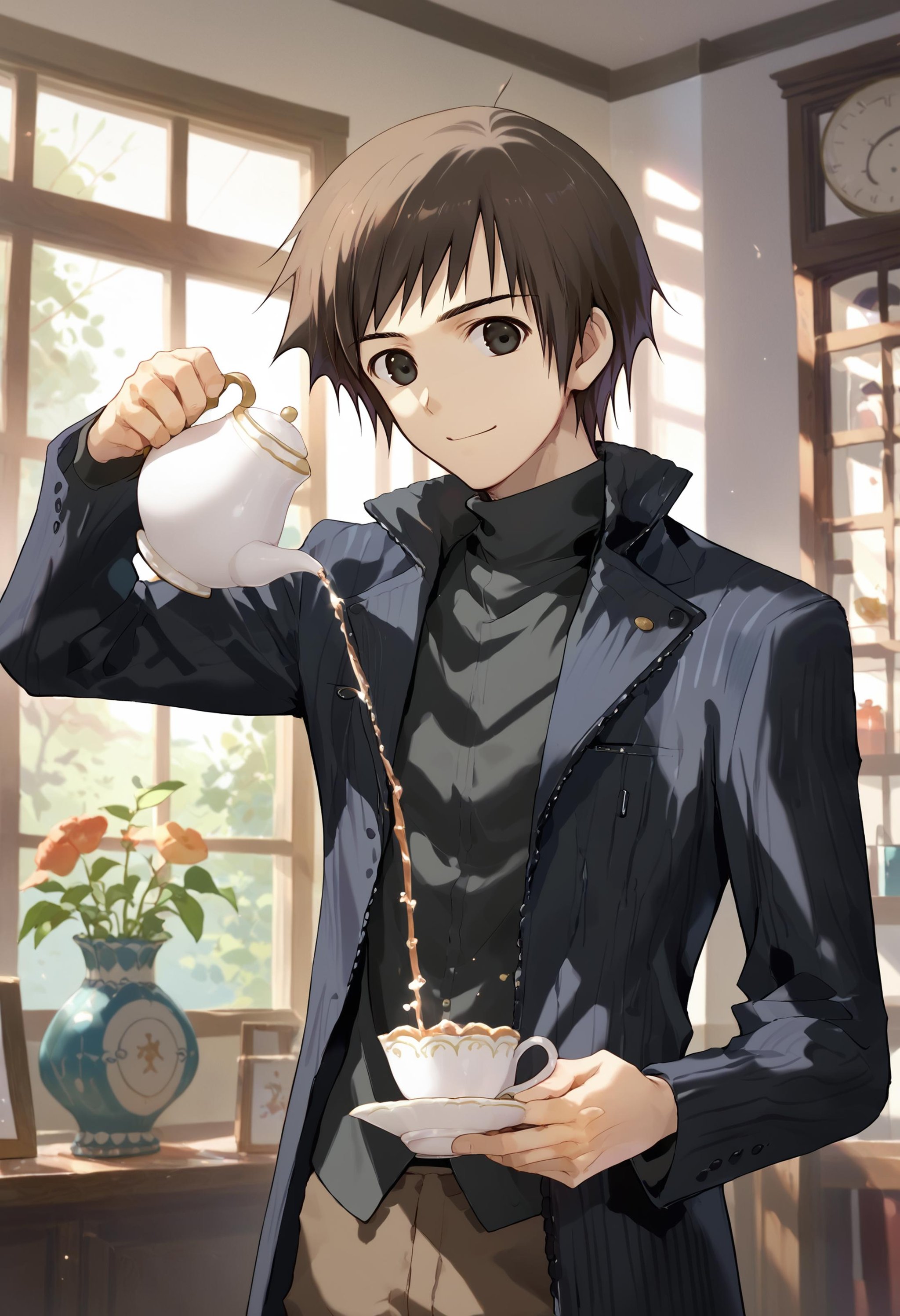 score_9, score_8_up, score_7_up, 1boy soujuurou shizuki, black jacket black shirt turtleneck brown pants, pouring, holding cup, holding teapot, light smile, indoors<lora:mahoutsukai_no_yoru_characters_pony:0.8><lora:holding_teapot_pouring_3_final_d32:1>