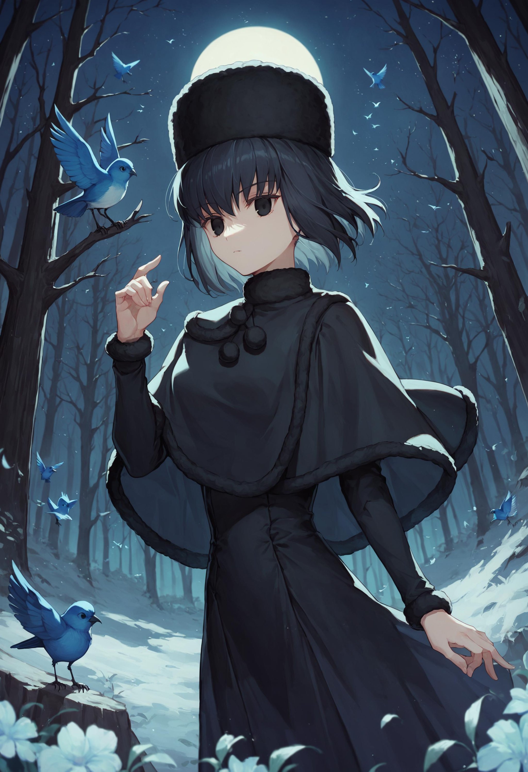 score_9, score_8_up, score_7_up, 1girl alice kuonji, black dress black capelet fur hat, blue bird, hand up, night, forest, dark background, bird on hand<lora:mahoutsukai_no_yoru_characters_pony:1>