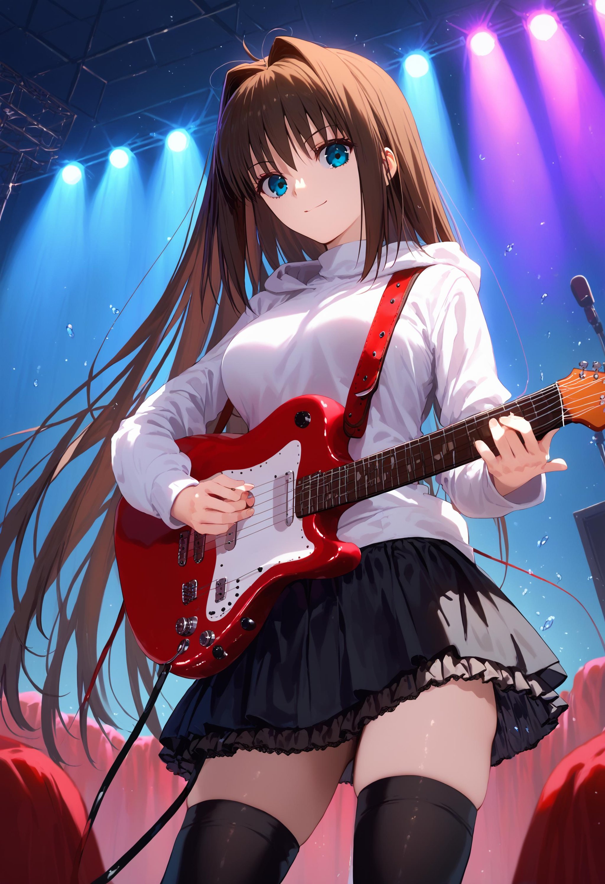 score_9, score_8_up, score_7_up, 1girl aoko aozaki, white hoodie turtleneck sweater frilled skirt miniskirt black skirt black thighhighs, playing instrument, guitar, light smile, stage<lora:mahoutsukai_no_yoru_characters_pony:1>