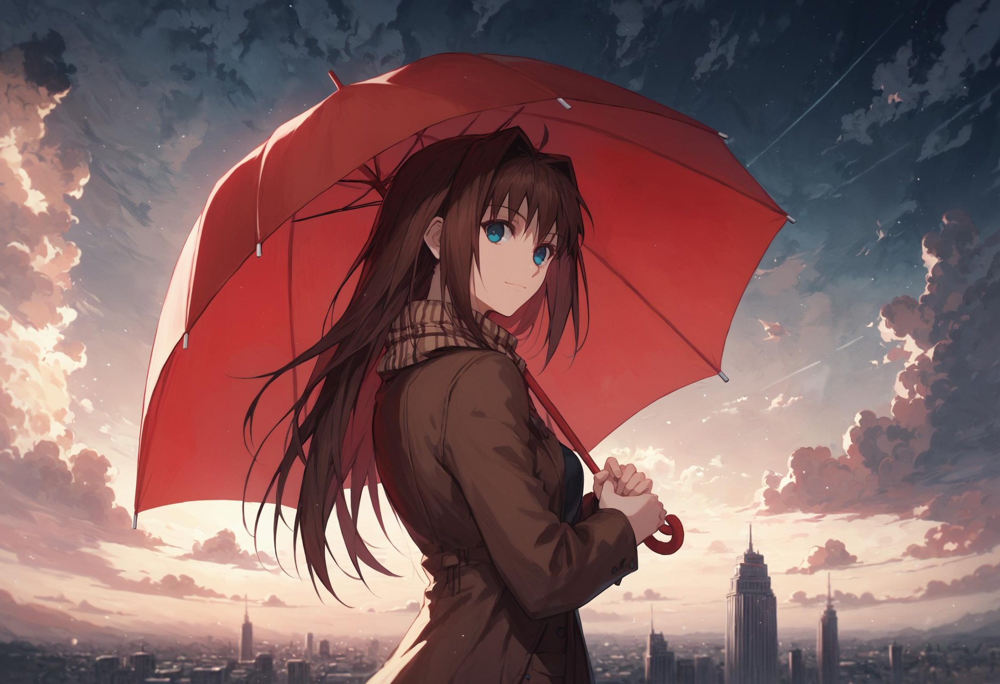 score_9, score_8_up, score_7_up, 1girl solo, aoko aozaki, light smile, brown jacket, brown scarf, red umbrella, holding umbrella, looking back, skyline, dark background,  cloudy sky, cloud, light rays,<lora:mahoutsukai_no_yoru_characters_pony:1>