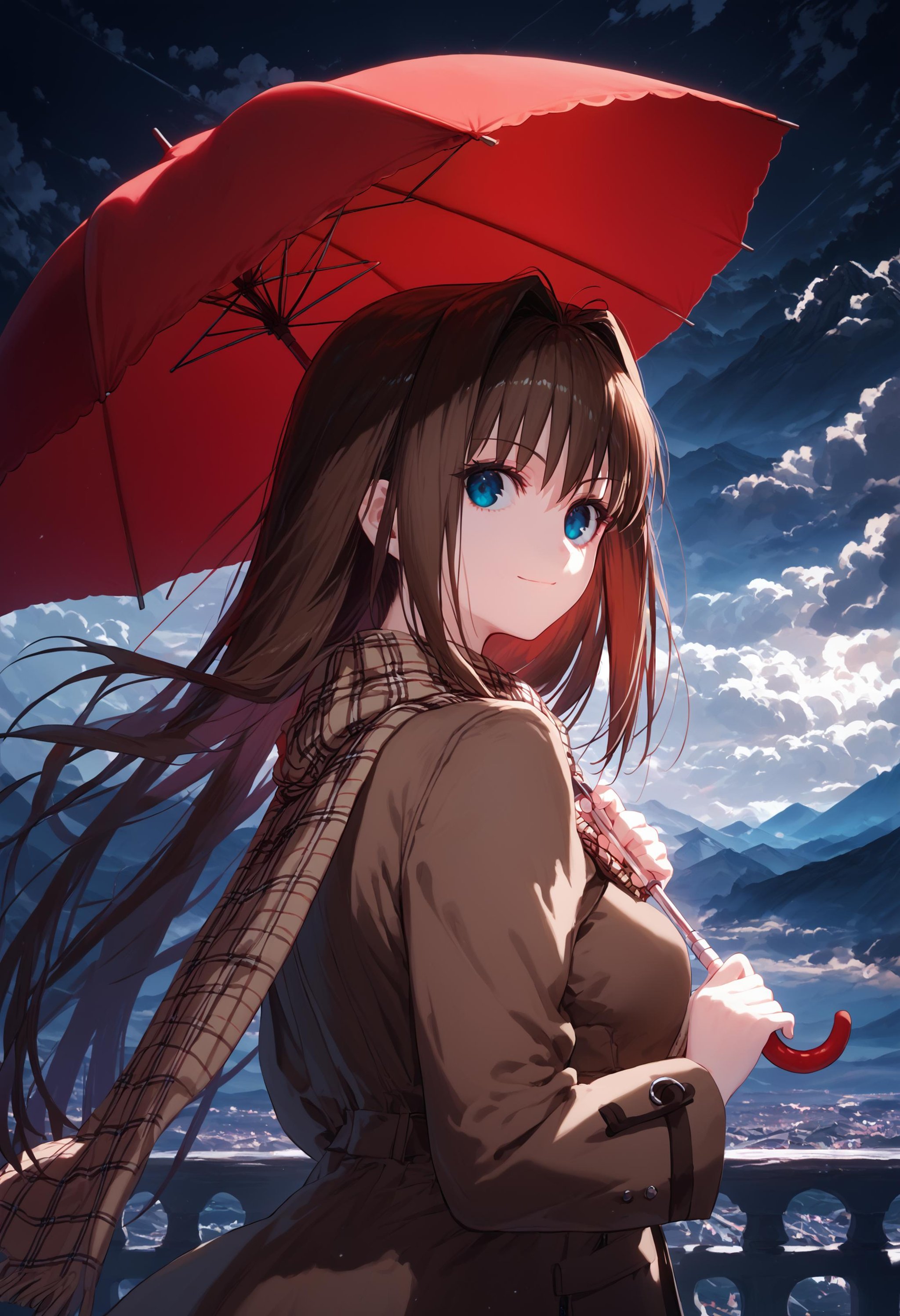 score_9, score_8_up, score_7_up, 1girl solo, aoko aozaki, light smile, brown jacket, brown scarf, red umbrella, holding umbrella, looking back, skyline, dark background, cloudy sky, cloud, light rays, [rain::0.3], looking at viewer, [:mountain:0.2], city lights<lora:mahoutsukai_no_yoru_characters_pony:1>