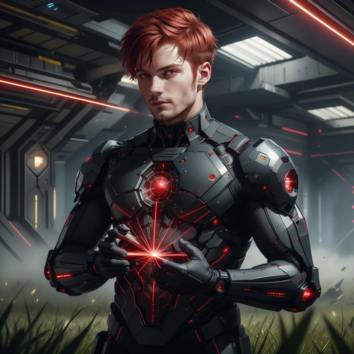 <lora:LaserTech:0.8> , scifi , lasertech , military grade,red lasers,   1boy,man , holding,upper body, red hair, grassy fields , short hair, turtleneck suite , coat , holding a tablet , indoors, red eyes,