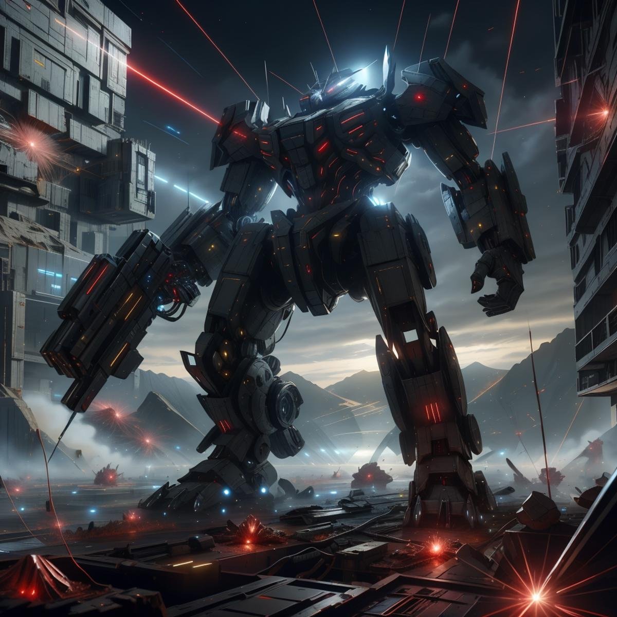 <lora:LaserTech:0.8> , scifi , lasertech , military grade,red lasers,   third person view, at rooftop, looking at huge colossal battle mech , destruction,