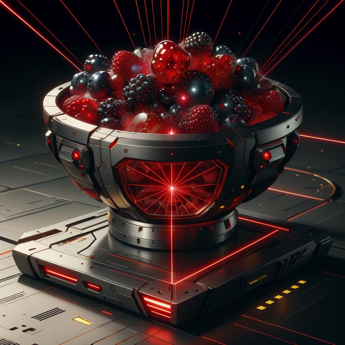 <lora:LaserTech:0.8> , scifi , lasertech , military grade,red lasers,    bowl of fruits,