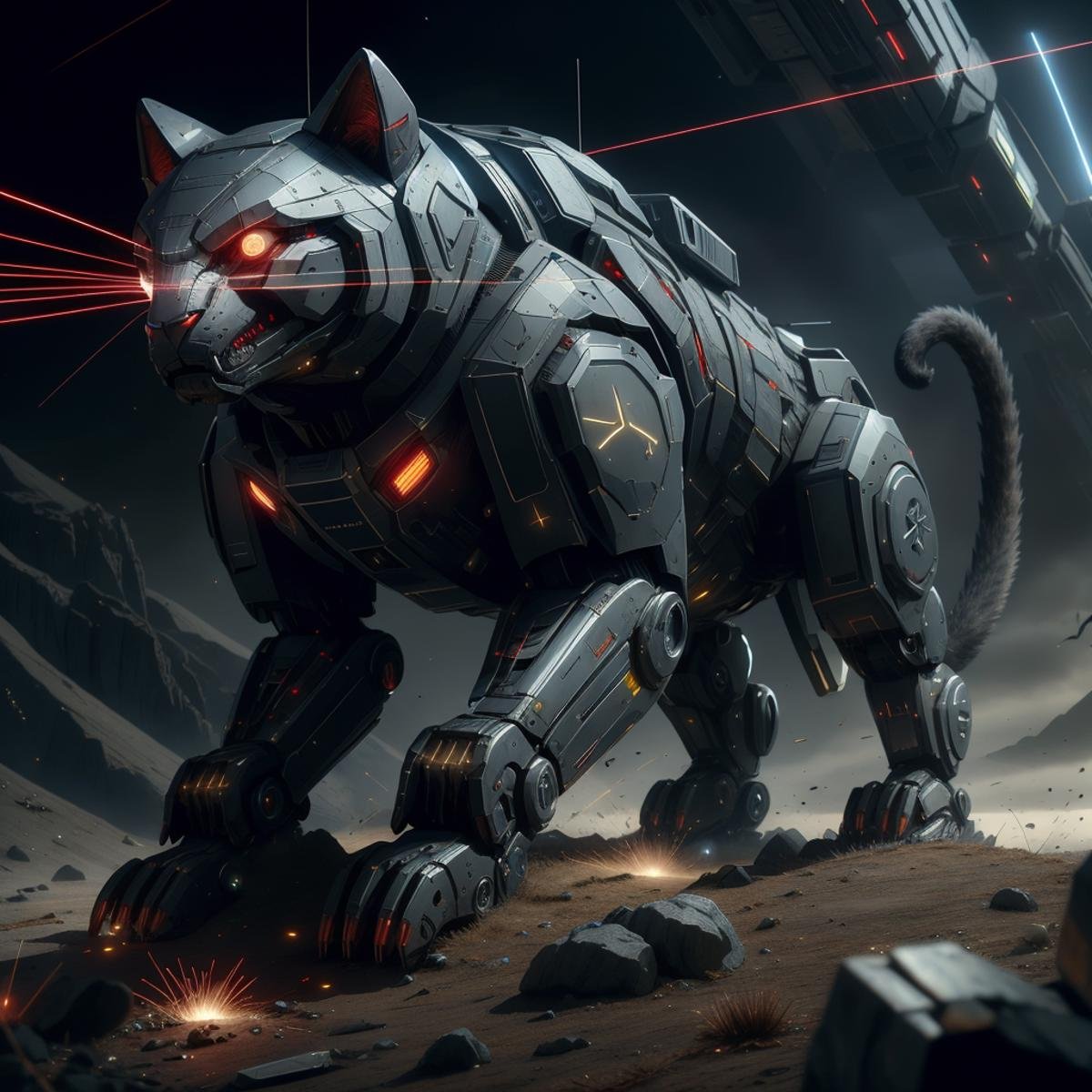 <lora:LaserTech:0.8> , scifi , lasertech , military grade,red lasers,    armored panther , animal, on a hill 