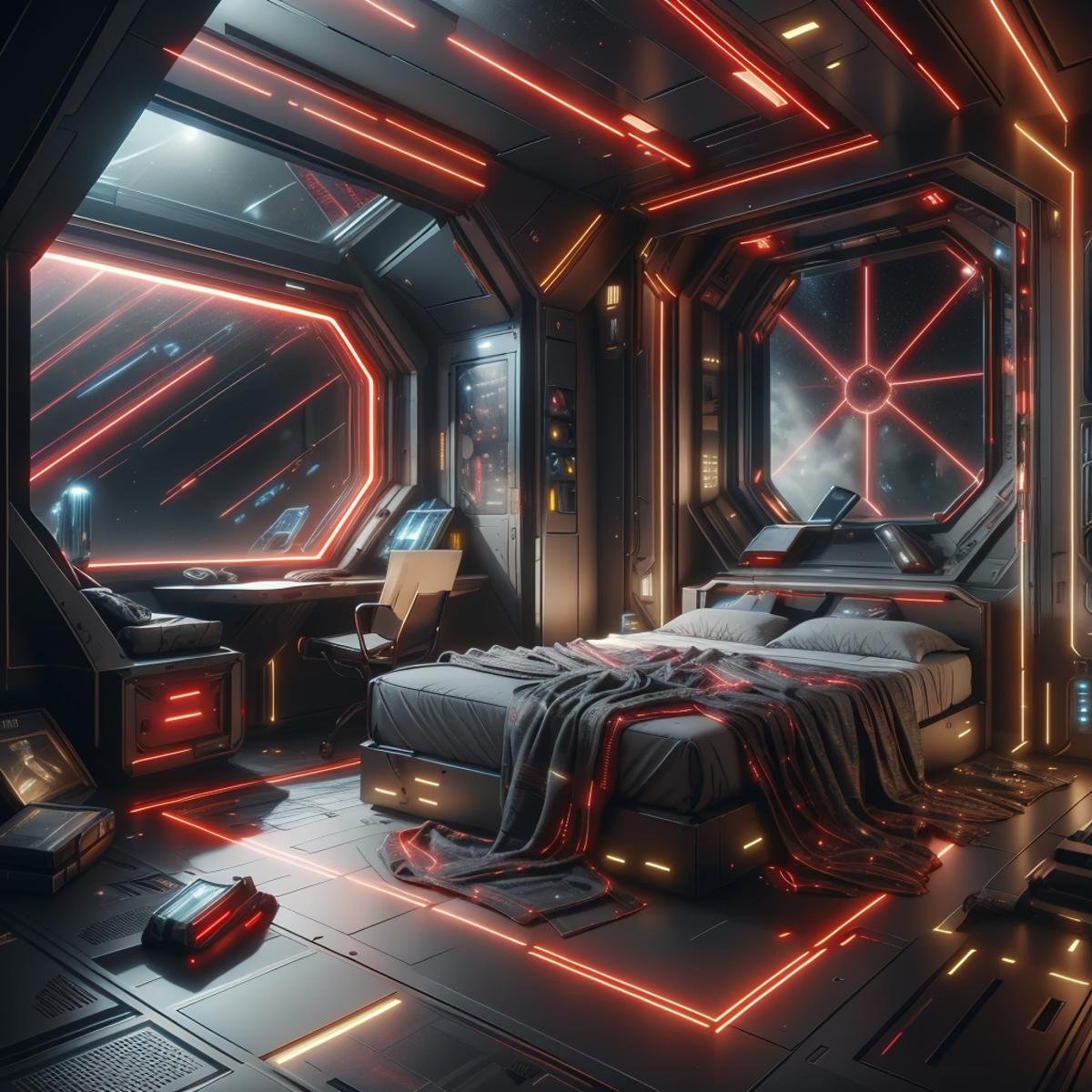 <lora:LaserTech:0.8> , scifi , lasertech , military grade,red lasers,   futuristic bedroom,cozy, window,