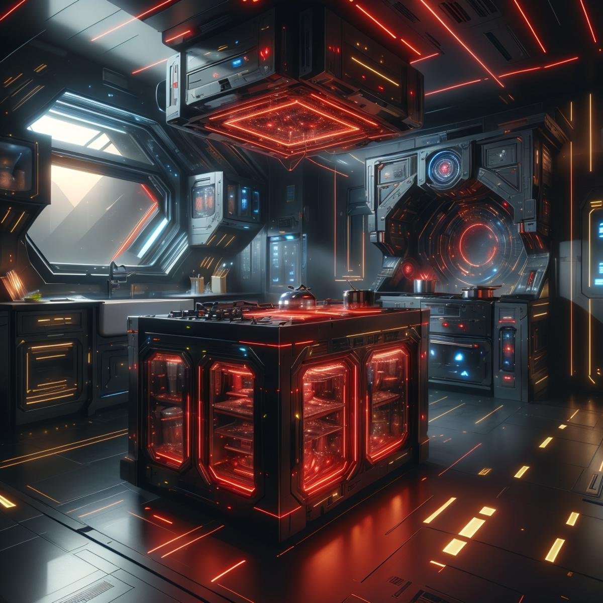 <lora:LaserTech:0.8> , scifi , lasertech , military grade,red lasers,   futuristic kitchen