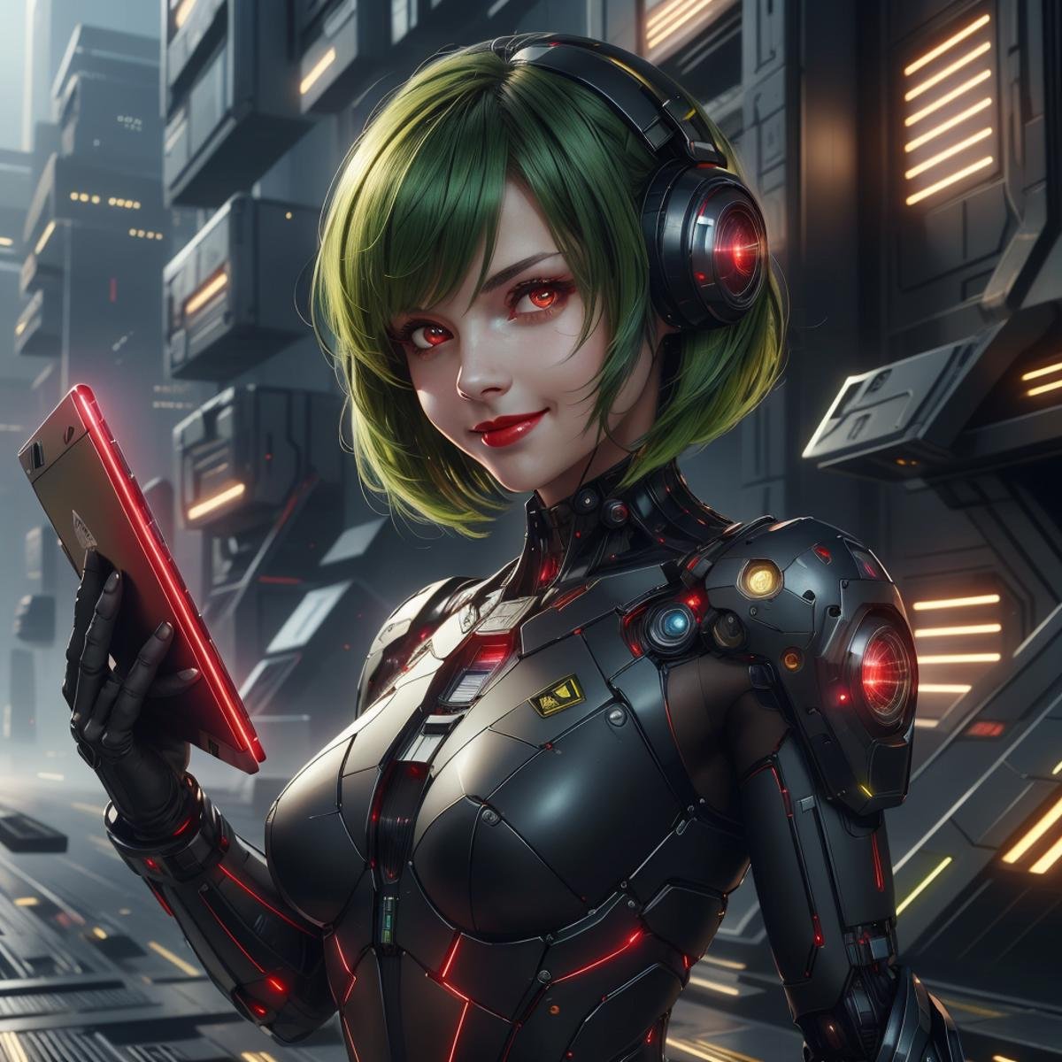 <lora:LaserTech:0.8> , scifi , lasertech , military grade,red lasers,    closeup, small breasts, seductive smile, best quality, bob cut, red eyes, green hair,multicolored hair, aqua hair, 1girl, standing in a scifi city, holding a tablet, red lips