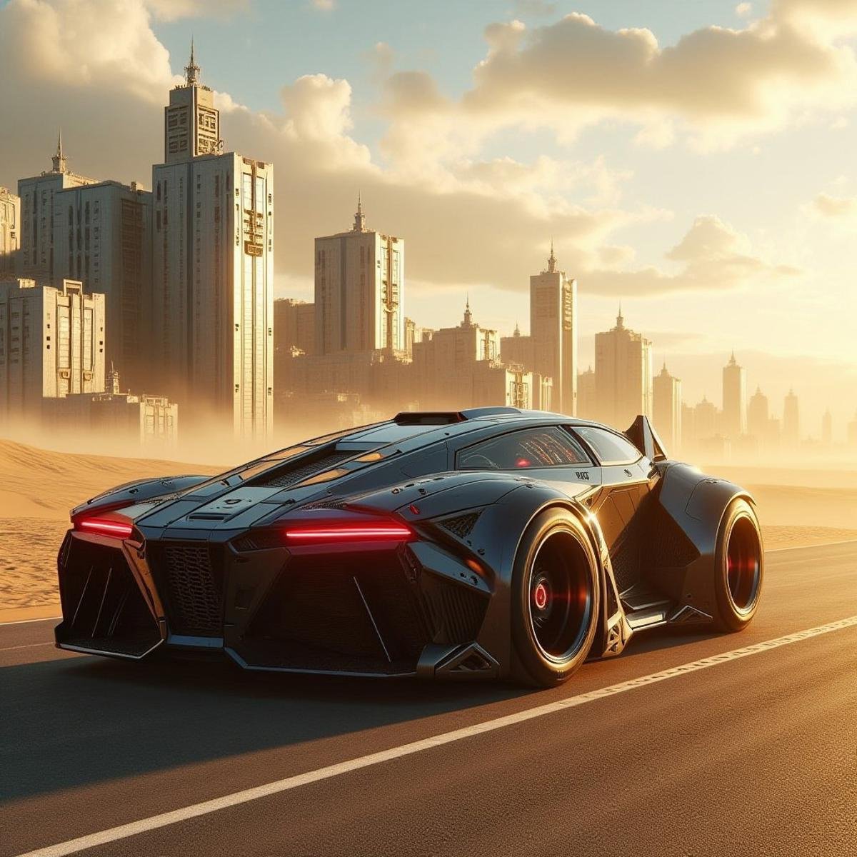 a military grade lasertech vehicle in a  highway , wheel details , sand storm ,  lasertech cityscape at a distance 