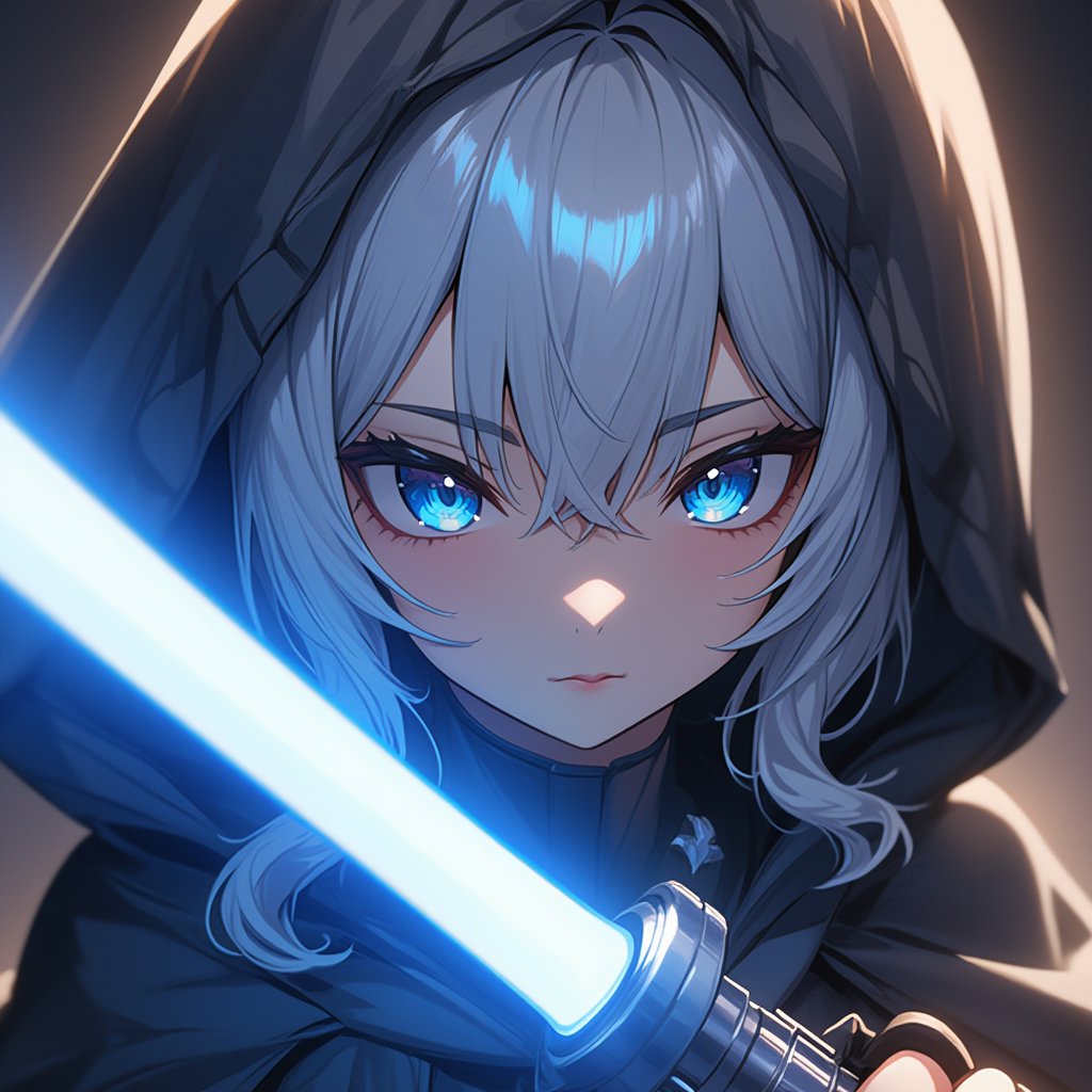 ATRFX, A cinematic frame captures a striking anime scene: a girl with white hair and a vibrant blue eyes, her gaze intense as she grips a gleaming blue lightsaber. The hilt shines against the dark fabric of her cloak, forming a dramatic backdrop. Soft, warm lighting accentuates her determined expression, as if ready to face an intergalactic challenge