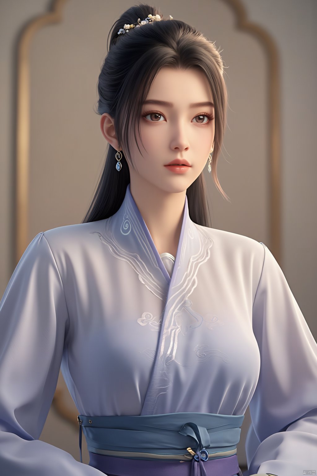 Best quality, Realistic, photorealistic, masterpiece, (huge breasts:2.59) ,masterpiece,hanfu style,A young woman personifying a princess from the Joseon Dynasty,standing with nobility,possesses deer-like eyes,innocence radiated,dressed in light purple jeogori and voluminous light blue chima,hair styled in twin braids with cherry blossom hairpins adding a cute element,east Asian traditional attire,soft pastels,intricate patterns on fabric,,(huge breasts:2.99),Xsutaner,Xhulianxin,Xyinluoxia,Xsysh,Xyunxiao,Xningyao