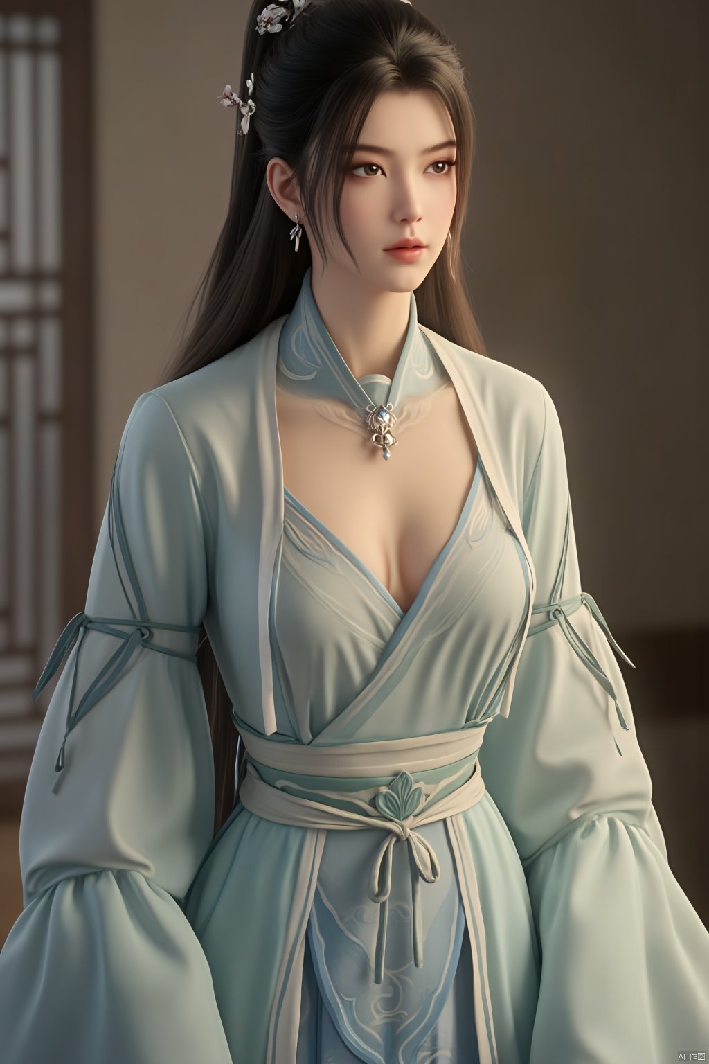 Best quality, Realistic, photorealistic, masterpiece, (huge breasts:2.69) ,masterpiece,hanfu style,A young woman personifying a princess from the Joseon Dynasty,standing with nobility,possesses deer-like eyes, (huge breasts:2.79) ,innocence radiated,dressed in light green jeogori and voluminous light blue chima,hair styled in twin braids with cherry blossom hairpins adding a cute element,east Asian traditional attire,soft pastels,intricate patterns on fabric,,(huge breasts:2.99),(cleavage:1.2),Xsutaner,Xhulianxin,Xyinluoxia,Xsysh,Xyunxiao,Xningyao