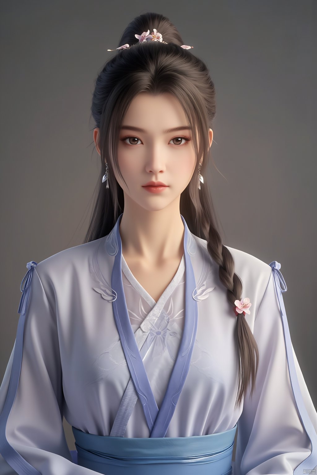 Best quality, Realistic, photorealistic, masterpiece, (huge breasts:2.39) ,masterpiece,hanfu style,A young woman personifying a princess from the Joseon Dynasty,standing with nobility,possesses deer-like eyes,innocence radiated,dressed in light purple jeogori and voluminous light blue chima,hair styled in twin braids with cherry blossom hairpins adding a cute element,east Asian traditional attire,soft pastels,intricate patterns on fabric,,(huge breasts:2.79),Xsutaner,Xhulianxin,Xyinluoxia,Xsysh,Xyunxiao,Xningyao