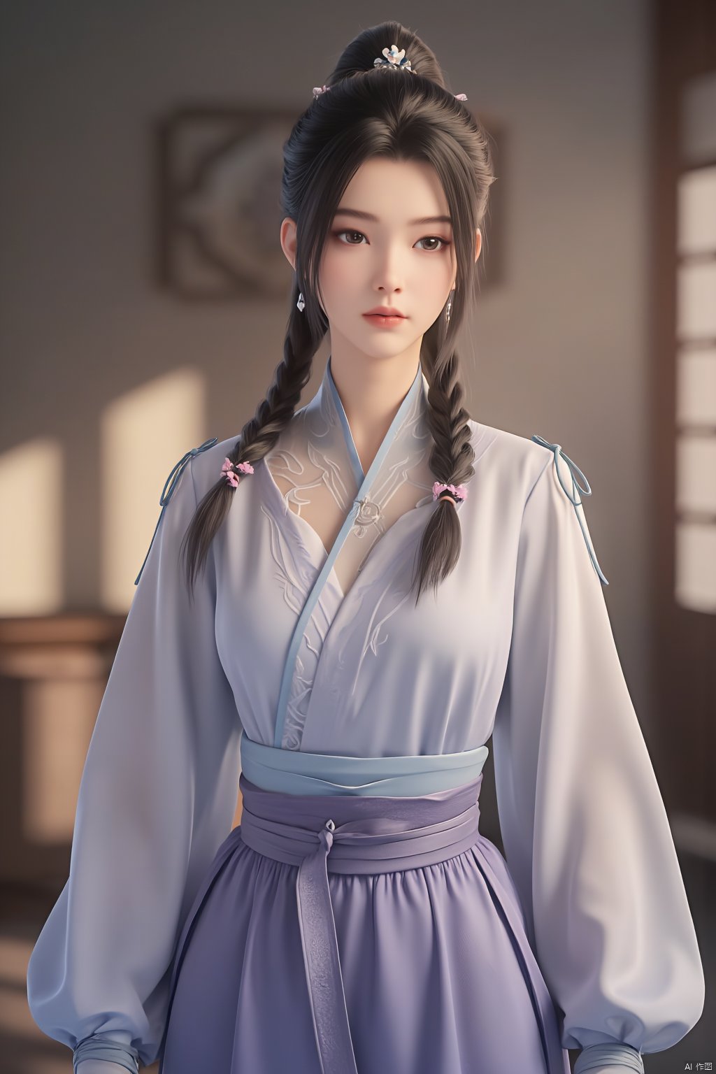 Best quality, Realistic, photorealistic, masterpiece, (huge breasts:2.59) ,masterpiece,hanfu style,A young woman personifying a princess from the Joseon Dynasty,standing with nobility,possesses deer-like eyes,innocence radiated,dressed in light purple jeogori and voluminous light blue chima,hair styled in twin braids with cherry blossom hairpins adding a cute element,east Asian traditional attire,soft pastels,intricate patterns on fabric,,(huge breasts:2.99),Xsutaner,Xhulianxin,Xyinluoxia,Xsysh,Xyunxiao,Xningyao