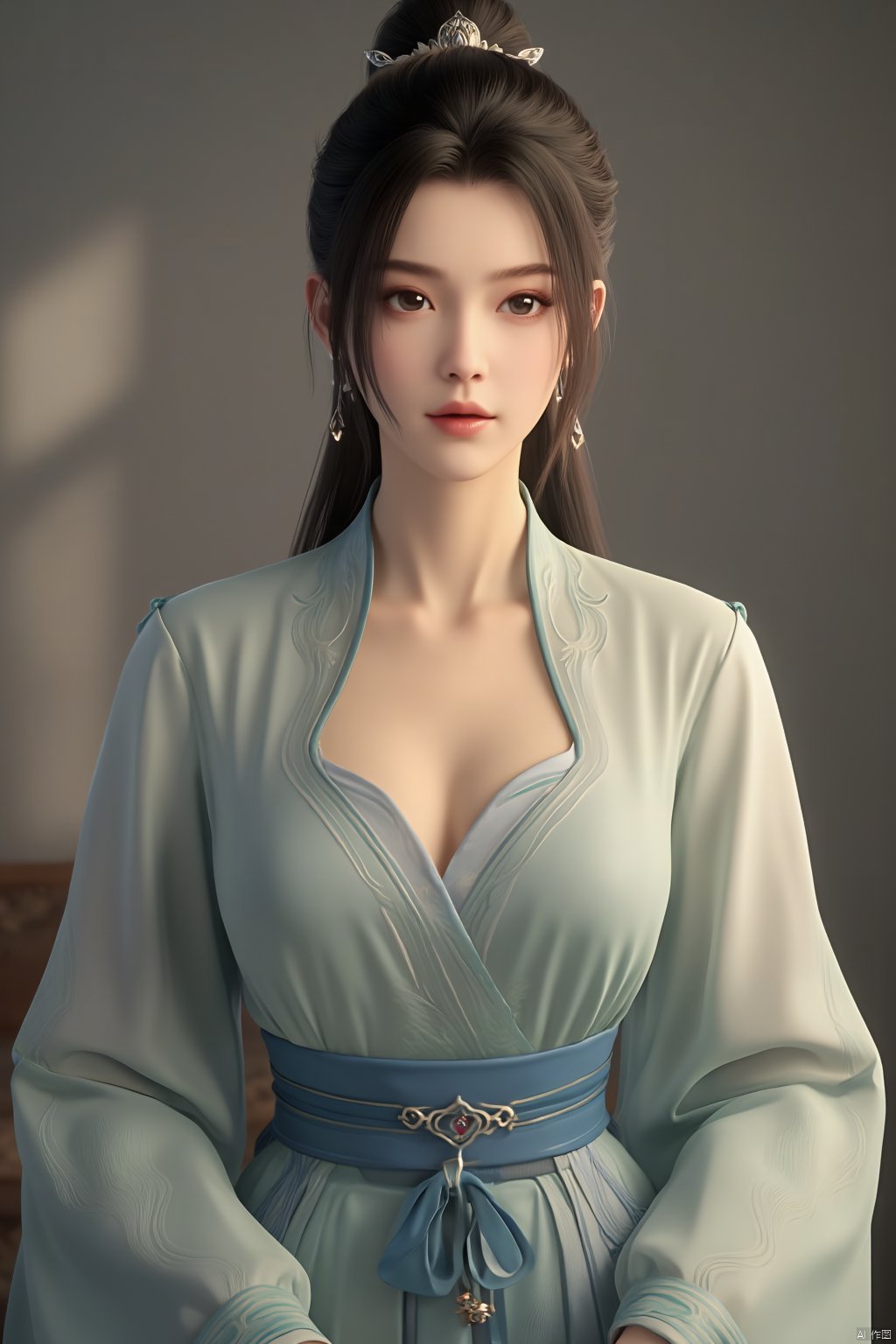 Best quality, Realistic, photorealistic, masterpiece, (huge breasts:2.69) ,masterpiece,hanfu style,A young woman personifying a princess from the Joseon Dynasty,standing with nobility,possesses deer-like eyes, (huge breasts:2.79) ,innocence radiated,dressed in light green jeogori and voluminous light blue chima,hair styled in twin braids with cherry blossom hairpins adding a cute element,east Asian traditional attire,soft pastels,intricate patterns on fabric,,(huge breasts:2.99),(cleavage:1.2),Xsutaner,Xhulianxin,Xyinluoxia,Xsysh,Xyunxiao,Xningyao