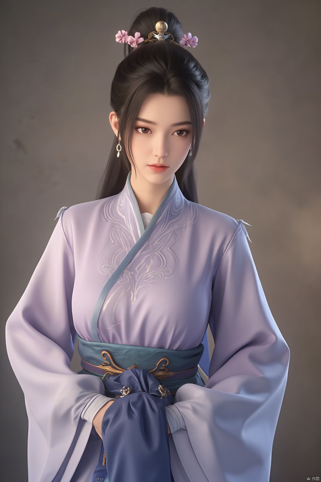 Best quality, Realistic, photorealistic, masterpiece, (huge breasts:2.69) ,masterpiece,hanfu style,A young woman personifying a princess from the Joseon Dynasty,standing with nobility,possesses deer-like eyes, (huge breasts:2.79) ,innocence radiated,dressed in light purple jeogori and voluminous light blue chima,hair styled in twin braids with cherry blossom hairpins adding a cute element,east Asian traditional attire,soft pastels,intricate patterns on fabric,,(huge breasts:2.99),Xsutaner,Xhulianxin,Xyinluoxia,Xsysh,Xyunxiao,Xningyao