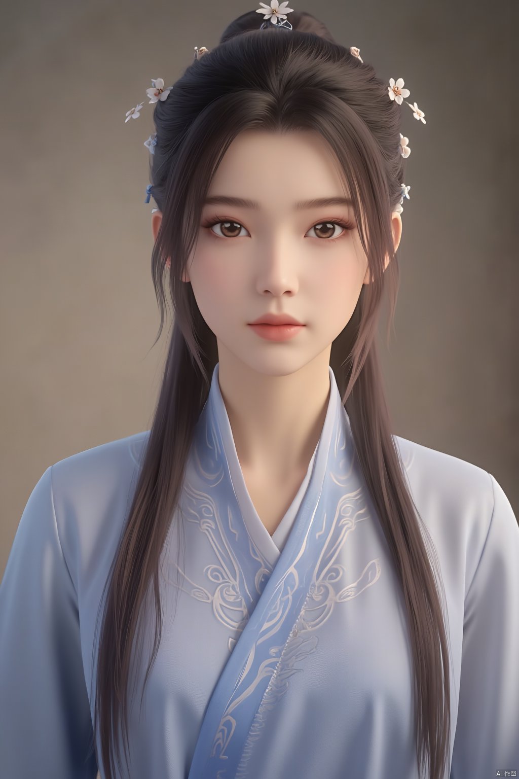 Best quality, Realistic, photorealistic, masterpiece, (huge breasts:2.39) ,masterpiece,hanfu style,A young woman personifying a princess from the Joseon Dynasty,standing with nobility,possesses deer-like eyes,innocence radiated,dressed in light purple jeogori and voluminous light blue chima,hair styled in twin braids with cherry blossom hairpins adding a cute element,east Asian traditional attire,soft pastels,intricate patterns on fabric,,(huge breasts:2.79),Xsutaner,Xhulianxin,Xyinluoxia,Xsysh,Xyunxiao,Xningyao