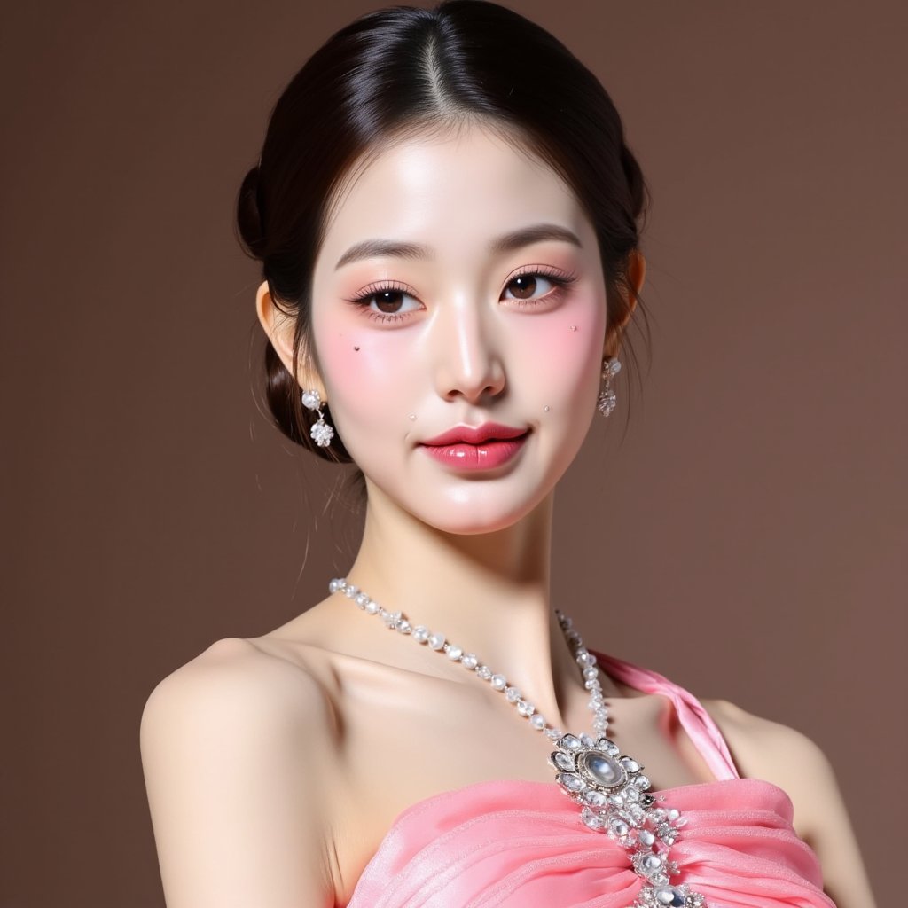 a portrait of JWY,  young asian woman, wearing pink princess dress, best quality, high detail