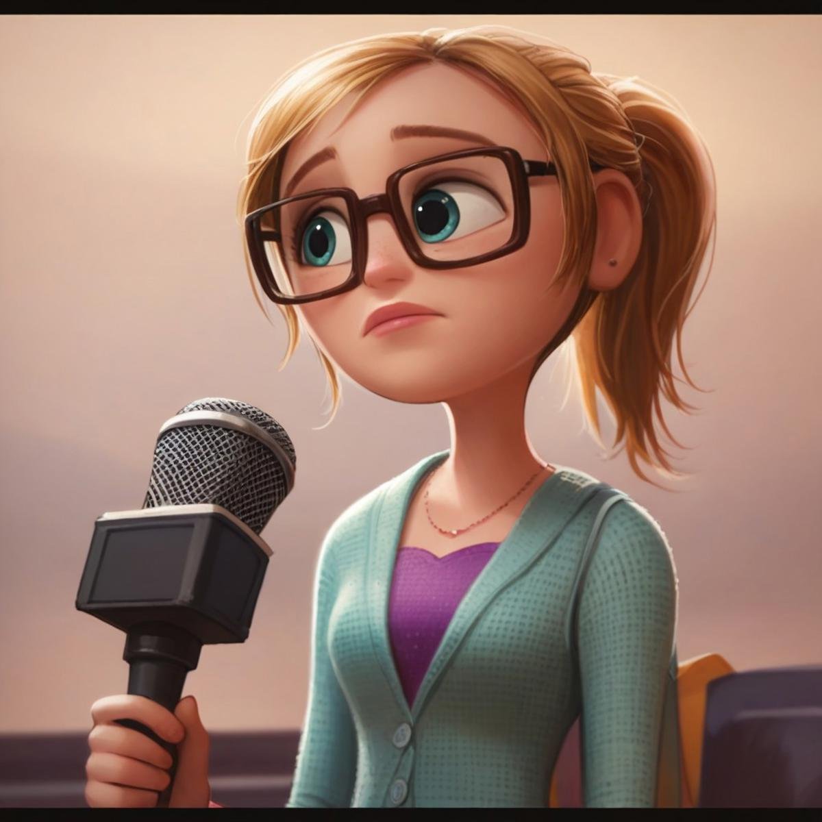 score_9, score_8, score_7, score_6, 1girl, SamSpark, portrait, blond hair, glasses, holding a News microphone 