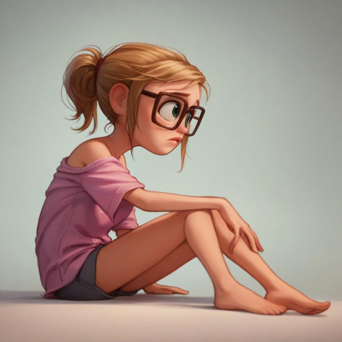 score_9, score_8, score_7, score_6, 1girl, SamSpark, portrait, blond hair, glasses, sitting on the floor, loose shirt, exposed shoulders