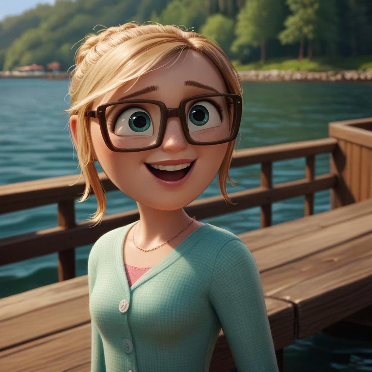 score_9, score_8, score_7, score_6, 1girl, SamSpark, portrait, blond hair, glasses, excited,. standing on a pier