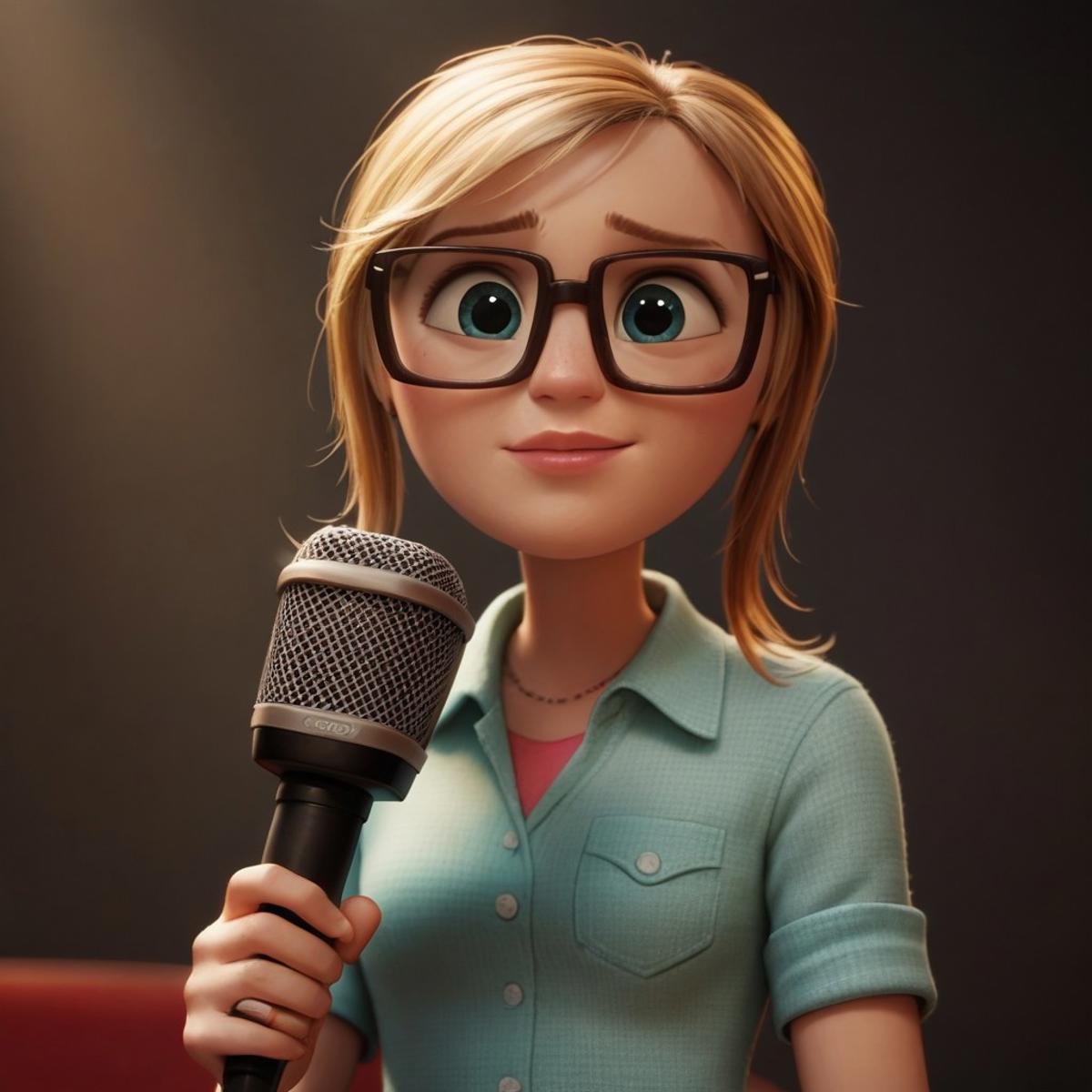 score_9, score_8, score_7, score_6, 1girl, SamSpark, portrait, blond hair, glasses, holding a News microphone 