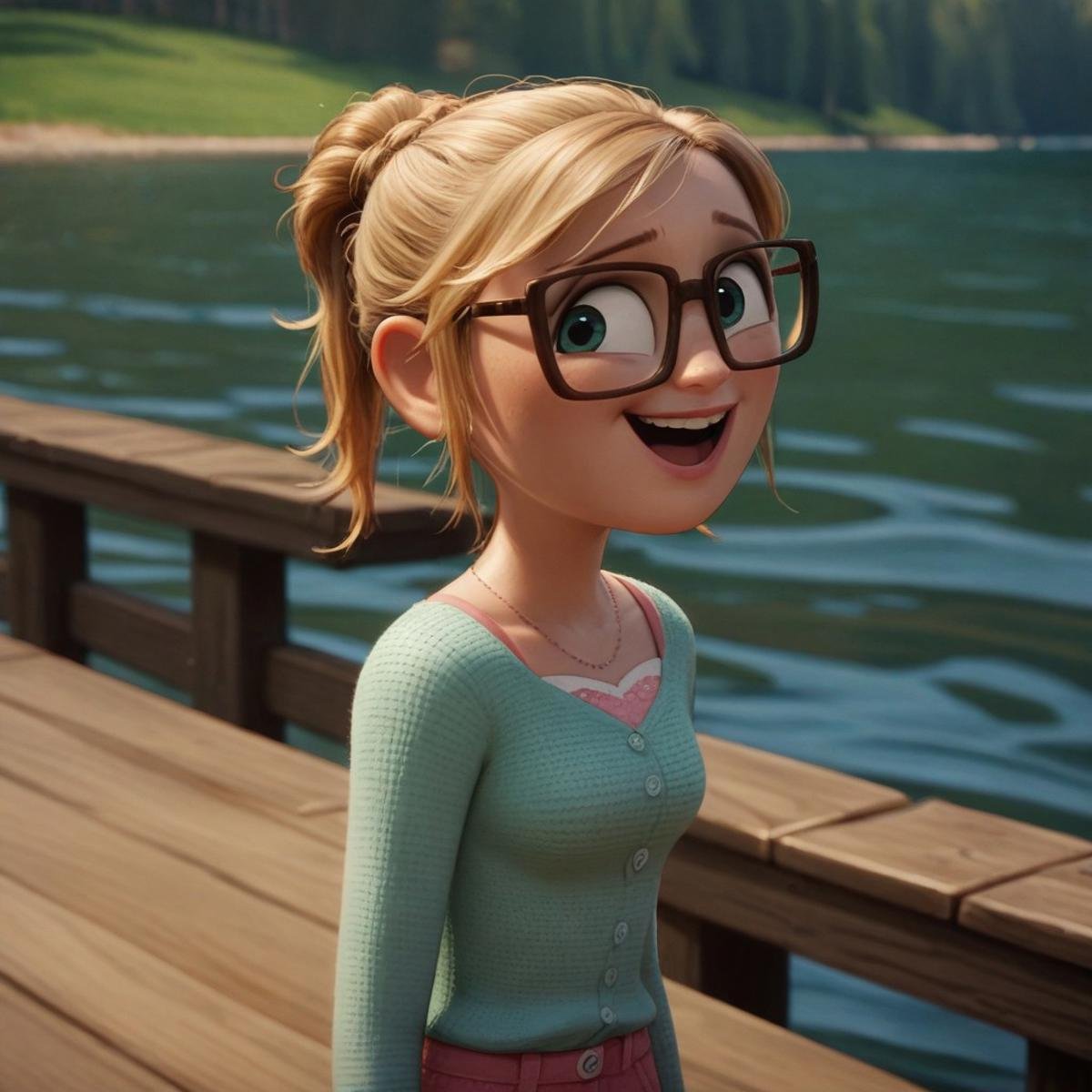 score_9, score_8, score_7, score_6, 1girl, SamSpark, portrait, blond hair, glasses, excited,. standing on a pier