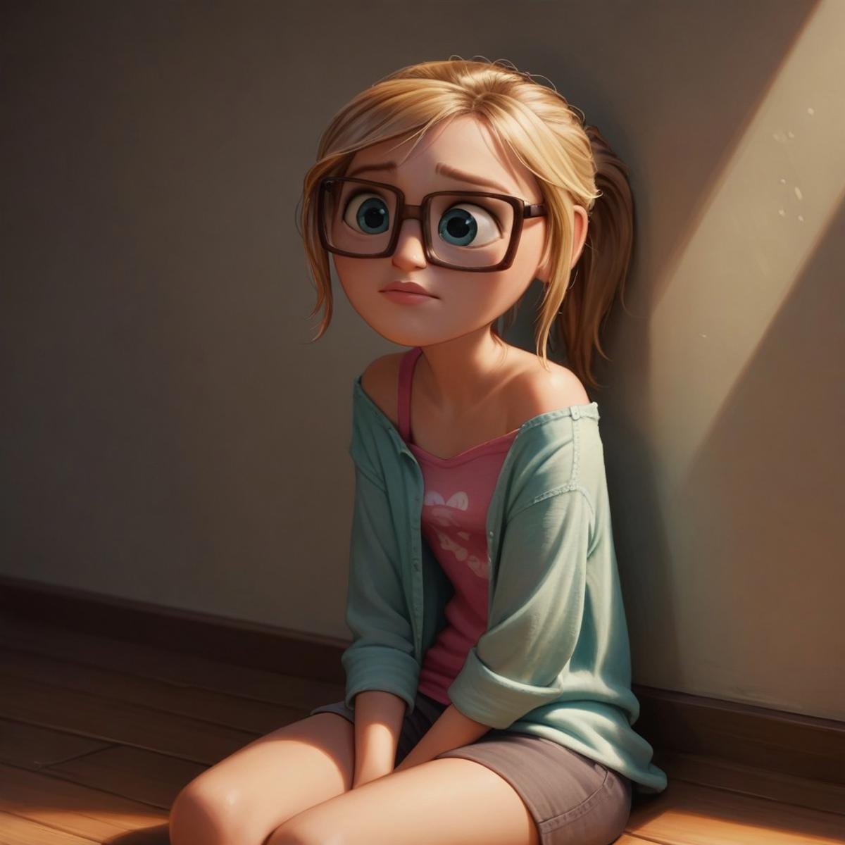 score_9, score_8, score_7, score_6, 1girl, SamSpark, portrait, blond hair, glasses, sitting on the floor, loose shirt, exposed shoulders