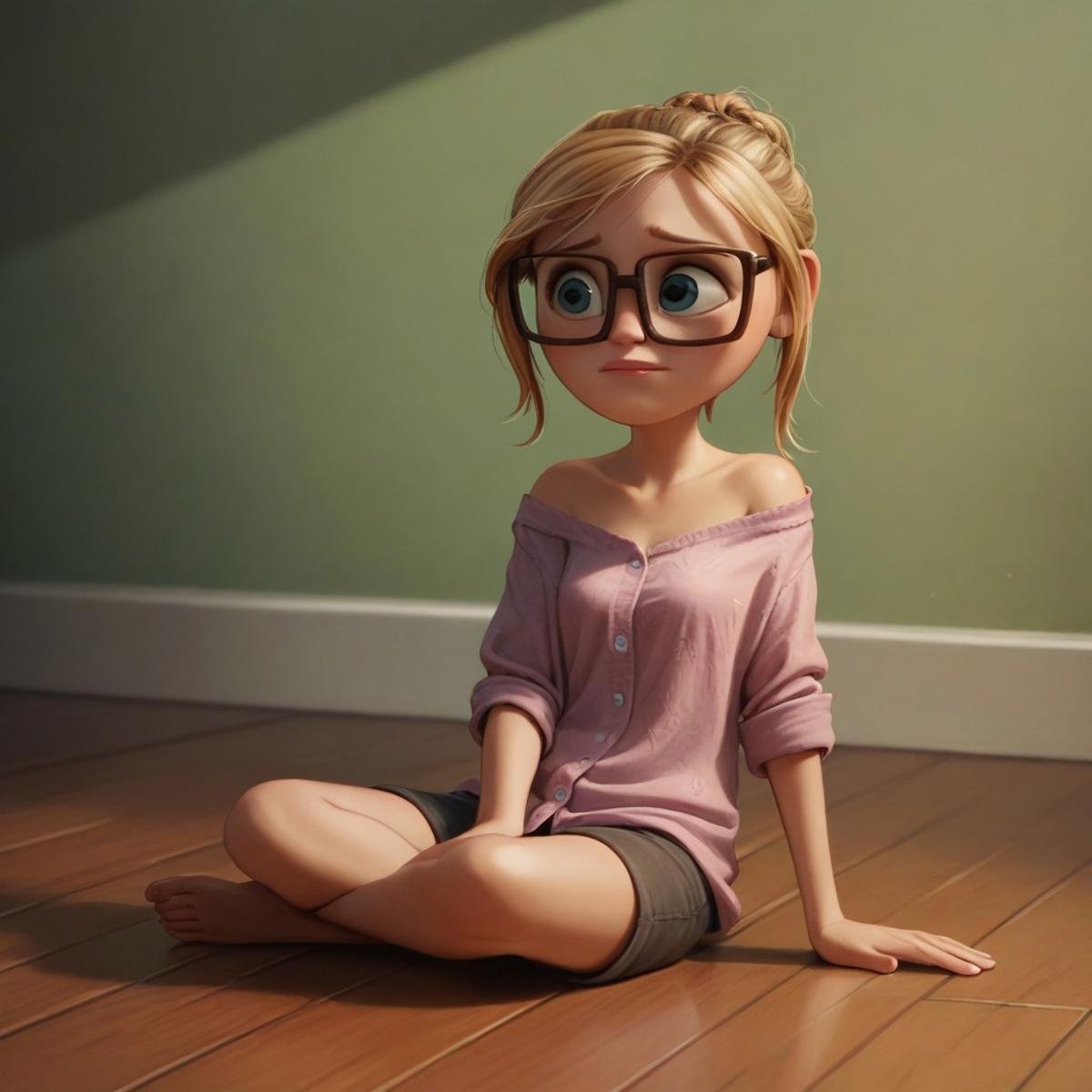 score_9, score_8, score_7, score_6, 1girl, SamSpark, portrait, blond hair, glasses, sitting on the floor, loose shirt, exposed shoulders