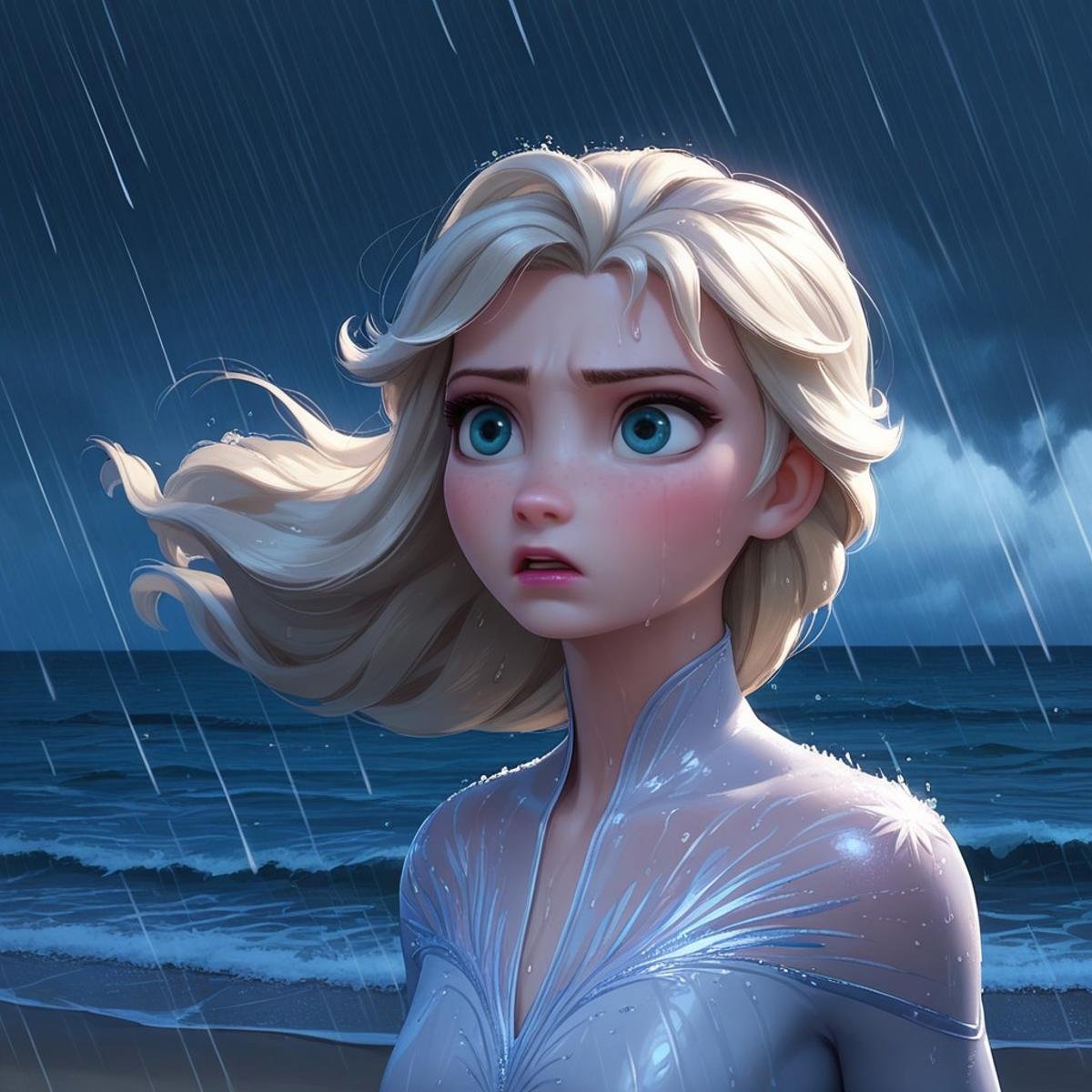 score_9, score_8, score_7, score_6, Elsa, 1girl, fFaceDetail, OverallDetail, beach, long hair, hair blowing in the wind, determined look, wet, tight silver dress, stormy weather, windy, dark clouds, rain, at night 