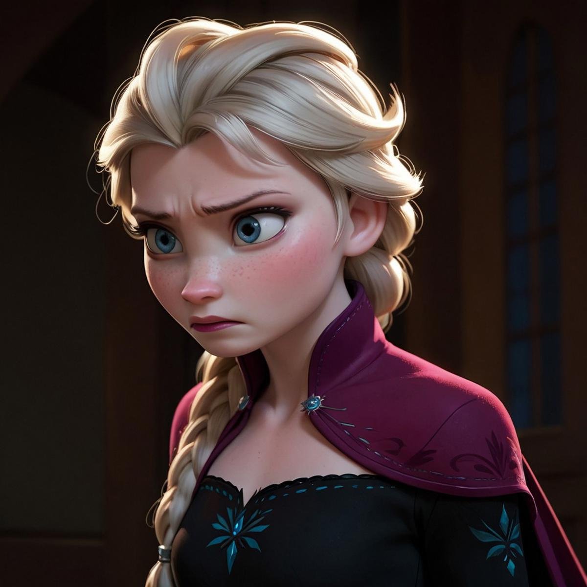 score_9, score_8_up, score_7_up, score_6_up, score_5_up, score_4_up, rating_questionable, Elsa, braid, pale skin, determined look, freckles, small breasts, petite 