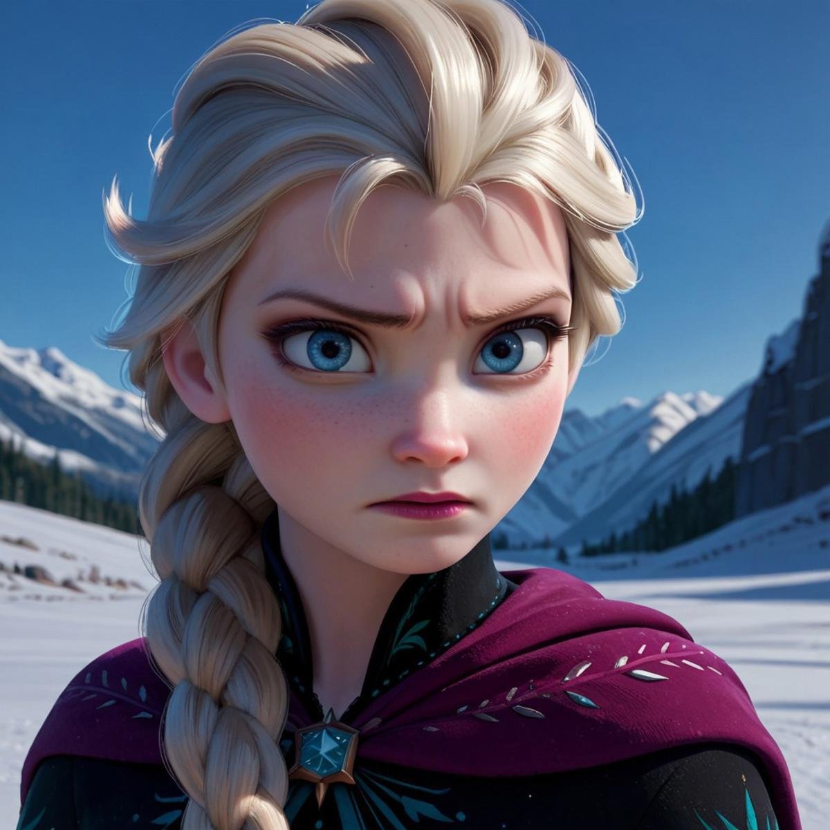 score_9, score_8_up, score_7_up, score_6_up, score_5_up, score_4_up, rating_questionable, Elsa, braid, pale skin, determined look, snowy landscape, portrait 